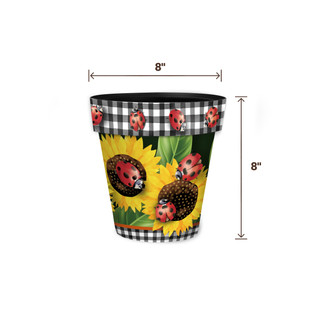 Small Ladybugs and Sunflowers planter with black and white checkered pattern, 8" tall and wide.