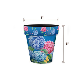 Colorful Hydrangeas Small Planter, 8" tall and wide, blue background with pink and blue hydrangeas.