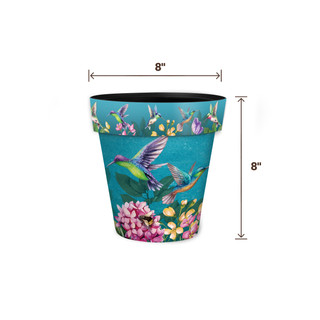 Springtime Hummingbirds Small Planter, 8" tall, 8" wide, colorful hummingbird design on blue background.