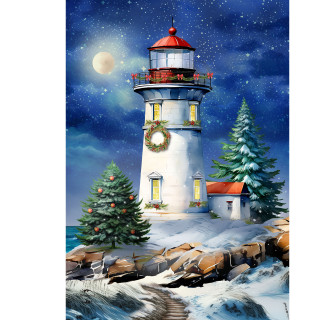 Wonderland Lighthouse Garden Flag with white lighthouse, red roof, Christmas trees, and snowy landscape at night.