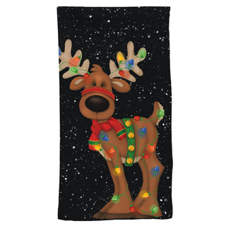 Reindeer in Lights Cotton Hand Towel with colorful Christmas lights and red bow on a starry background.