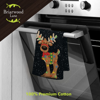 Reindeer in Lights cotton hand towel, black with colorful reindeer and white dots, Briarwood Lane brand.