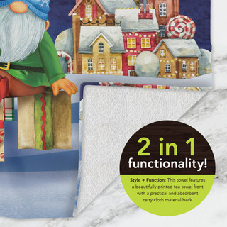 Happy Holiday Gnomes Cotton Hand Towel, white background with colorful gnome design on top portion.