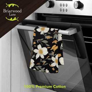 Elegant Flowers black cotton hand towel with white and yellow flowers on oven handle Briarwood Lane.