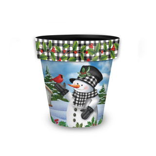 Checkered Snowman Small Planter with black and white hat, scarf, and holly trimmed rim design.