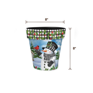 Checkered Snowman Small Planter, 8 inches tall and wide, with black, white, and red design.