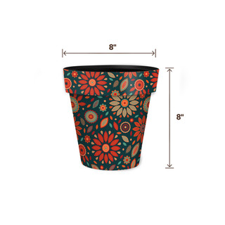 Small teal planter with orange and teal floral design, 8 inches tall and wide.