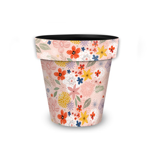 Colorful Flowers Small Planter, pink pot with multicolored floral design and green leaves, small size.