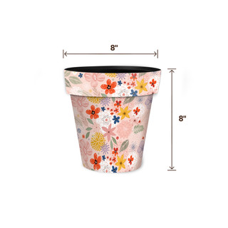Colorful Flowers Small Planter, 8" tall, 8" wide, pink base with multicolored floral design.
