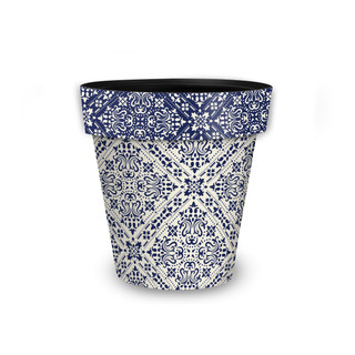 Navy and Tan Damask Small Planter with blue and white damask pattern on white background.