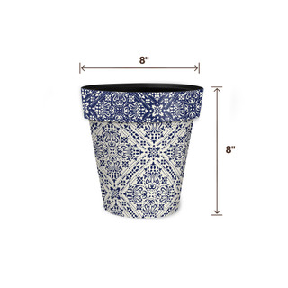 Navy and Tan Damask Small Planter, 8 inches tall and wide, blue and tan damask pattern.