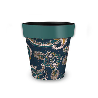 Paisley Small Planter, navy blue with green rim and intricate white, gold, and green paisley design.
