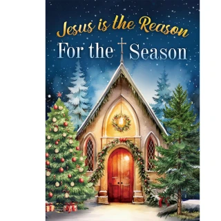 Reason For the Season Church Garden Flag with festive church, tree, and snowy scene design.