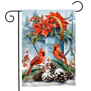 Winter Watering Can Garden Flag with cardinals, poinsettias, and pinecones on a snowy scene.