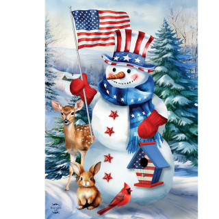 American Snowman Garden Flag with patriotic snowman, deer, rabbit, and birds in winter scene.