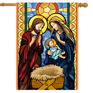 Stained glass nativity scene with Mary, Joseph, and baby Jesus on a house flag.