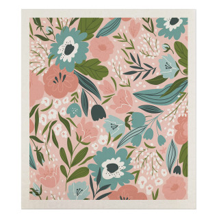 Blue and pink floral Swedish dishcloth with green leaves on a light pink background, beige border.