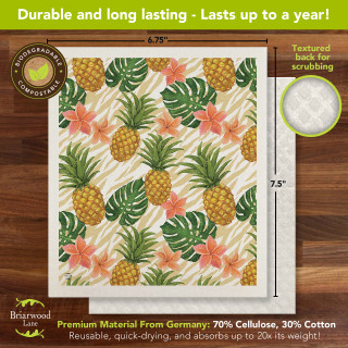 Pineapples and Leaves Swedish Dishcloth, 6.75"x7.5", colorful pineapple and leaf pattern on beige background.