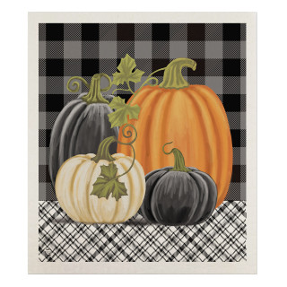 Checkered pumpkins fall decorative Swedish dishcloth with orange, white, and black pumpkins on plaid background.