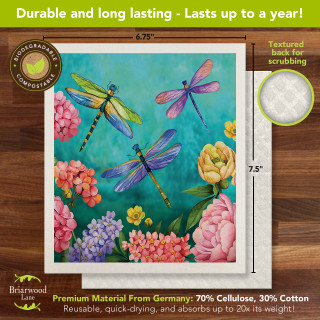 Dragonfly Garden Swedish Dishcloth, colorful dragonflies and flowers on textured biodegradable cloth, 6.75 x 7.5 inches.