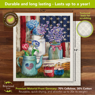 American Picnic Swedish Dishcloth with patriotic floral design on a textured background for scrubbing.