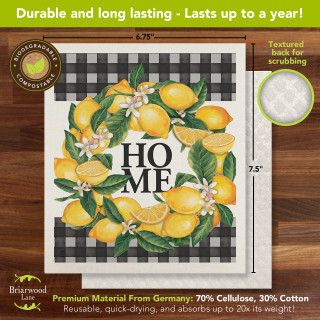 Lemon wreath Swedish dishcloth with "HOME" on black and white checkered background, yellow lemons.