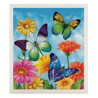 Butterfly Swedish dishcloth with colorful butterflies and flowers on blue background, Fluttering Butterflies design.