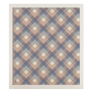 Pink and blue check Swedish dishcloth with white accents and beige border, diamond pattern design.