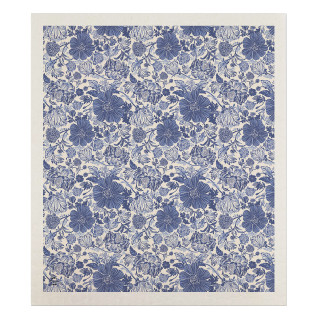 Blue and white floral Swedish dishcloth with a white border and blue floral pattern design.