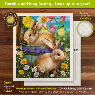Spring Bunny Basket Swedish Dishcloth with bunnies, flowers, and pastel colors, 6.75 x 7.5 inches.