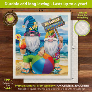 Summer Gnomes Swedish Dishcloth, colorful beach gnomes with beach ball and ice cream on sandy beach.