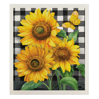 Checkered sunflowers summer Swedish dishcloth with yellow sunflowers, green leaves, and a yellow butterfly design.