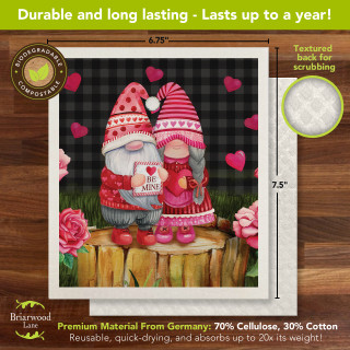 Valentine's Gnomes Swedish Dishcloth, red and pink gnomes on black checkered background with hearts.