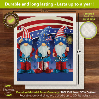 Patriotic Gnomes Swedish Dishcloth, 3 gnomes with American flag design on blue background.