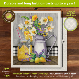 Lemonade Summer Swedish Dishcloth with floral design, yellow lemons and purple flowers on white background.