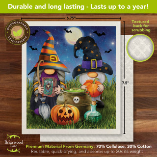 Halloween Gnomes Swedish Dishcloth, colorful gnomes with pumpkins and witch hats on green background.