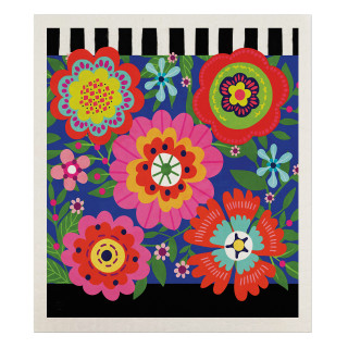 Vibrant floral Swedish dishcloth with colorful flowers and black and white stripes, Bright Blooms design.