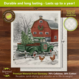 Christmas on the Farm Swedish Dishcloth with green truck, red barn, and snowy scene design.