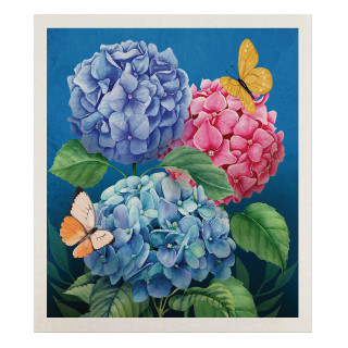 Colorful Hydrangeas Swedish Dishcloth with blue, pink flowers and butterflies on a blue background.