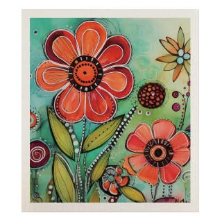 Colorful Garden Swedish Dishcloth with vibrant orange flowers and green background, floral pattern design.