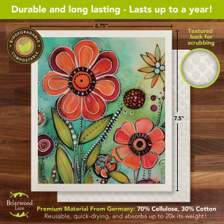 Colorful Garden Swedish Dishcloth with vibrant floral design, orange flowers, green leaves on teal background.