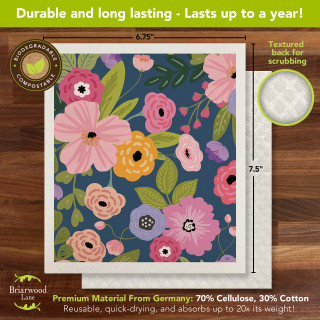 Happy Blooms Swedish Dishcloth, floral design on navy blue background, 6.75x7.5 inches, colorful blooms pattern.