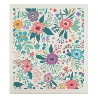 Pastel Flowers Swedish Dishcloth with colorful floral pattern on white background, green leaves, pink, purple flowers.