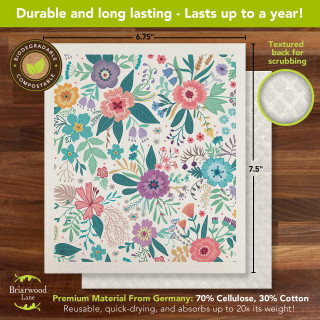 Pastel Flowers Swedish Dishcloth, 6.75" x 7.5", colorful floral design on white background.