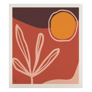 Desert Swedish Dishcloth with abstract terracotta design, beige border, and minimalist plant and sun motifs.
