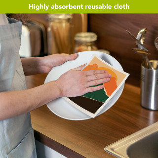 Person wiping plate with colorful Mountains Swedish Dishcloth.