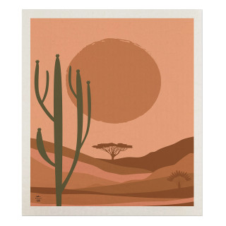 Sunset Desert Swedish Dishcloth with desert landscape and cactus design in orange and green hues.