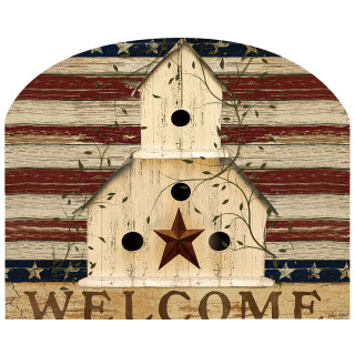 Americana Welcome Acrylic Art Sign with white birdhouse, red star, and American flag background design.