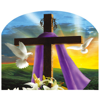 Easter Sunrise Religious Acrylic Art Sign with cross, doves, lilies, and purple cloth on wooden plaque.