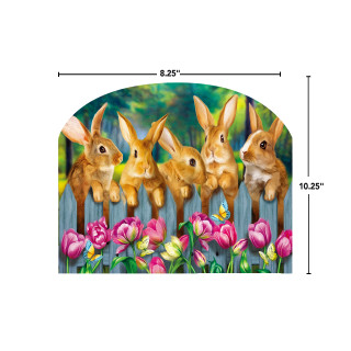 Four brown bunnies peek over wooden fence amidst pink tulips on Garden Bunnies Spring Acrylic Art Sign.